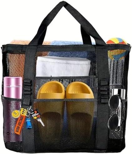        Bolsa de praia de malha extragrande, bolsa dobrável leve com vários bolsos para viagem à praia em família, piscina, viagem, preta       