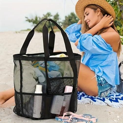         Bolsa de praia de malha extragrande, bolsa dobrável leve com vários bolsos para viagem à praia em família, piscina, viagem, preta       